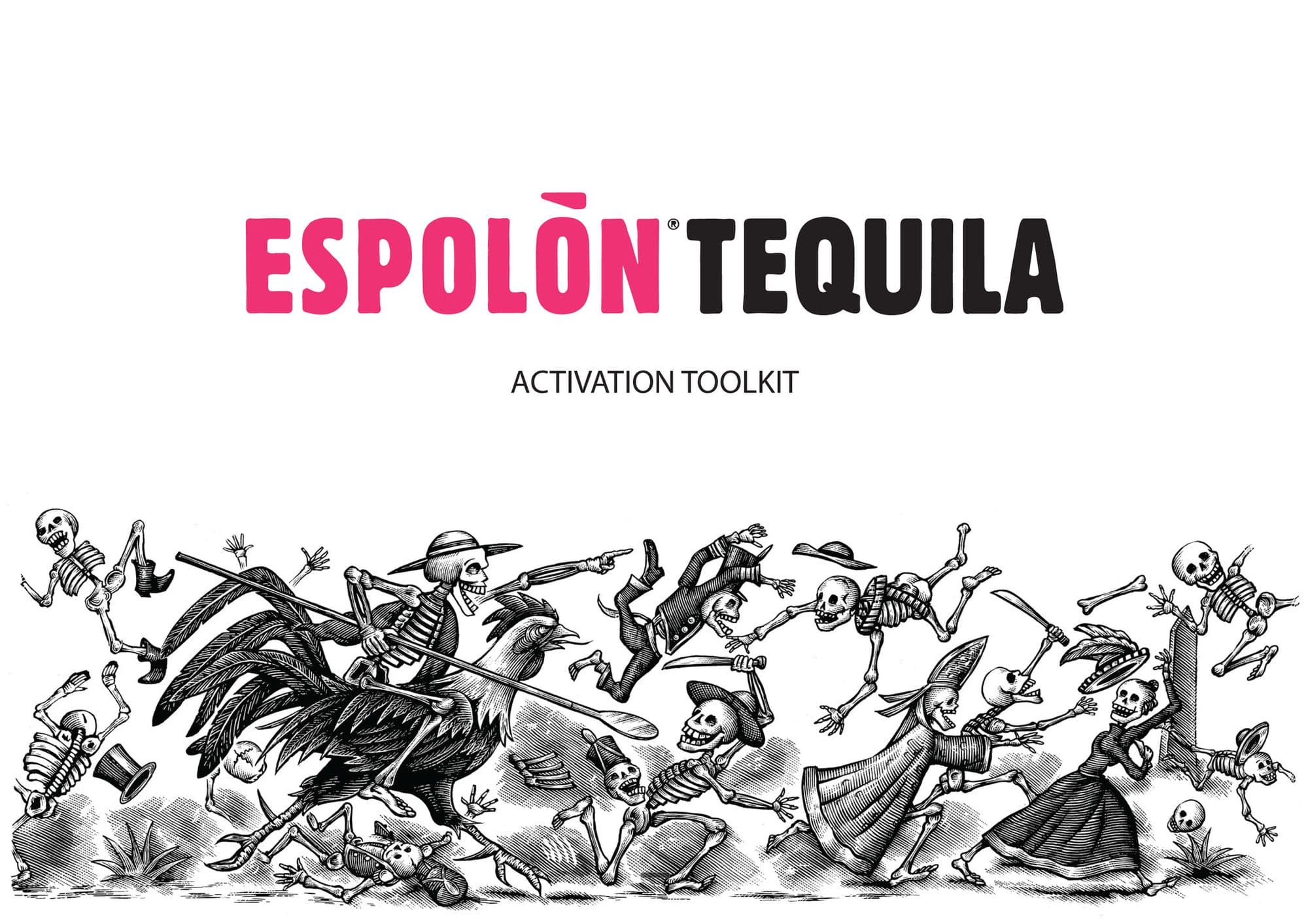 The cover of the Espolòn Tequila activation toolkit: the wordmark in magenta and black over the line ACTIVATION TOOLKIT, above the brand's engraved illustration of skeletons dancing and a skeleton riding a rooster