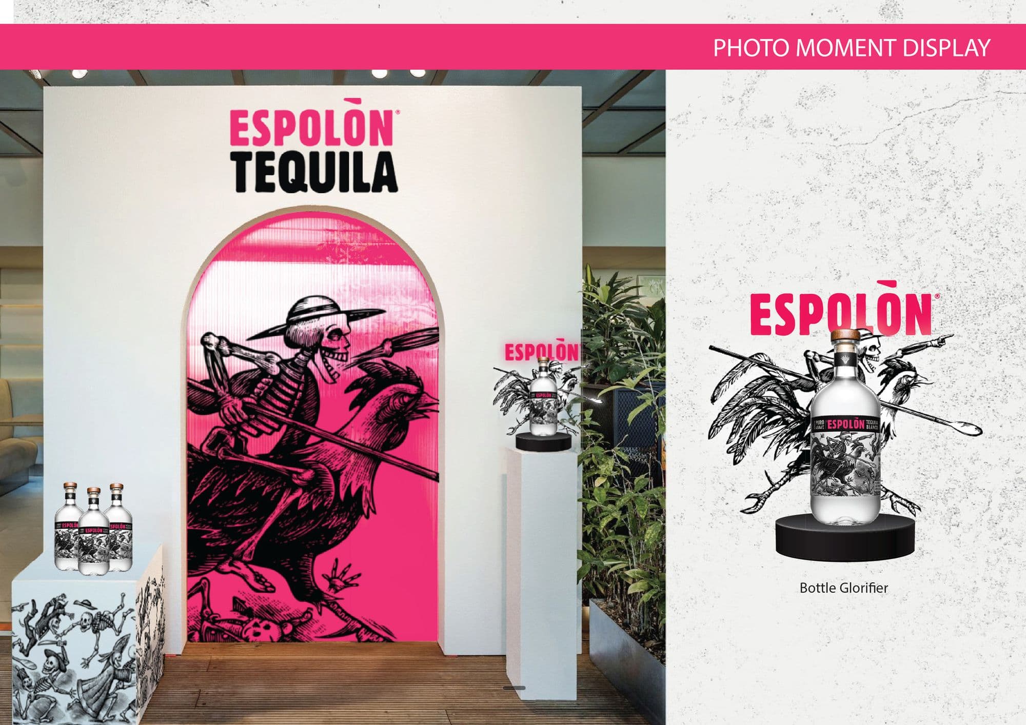 Photo moment display page: a branded arch backdrop with a magenta panel and the skeleton-on-a-rooster illustration, bottles on plinths beside it, and a bottle glorifier rendered alongside