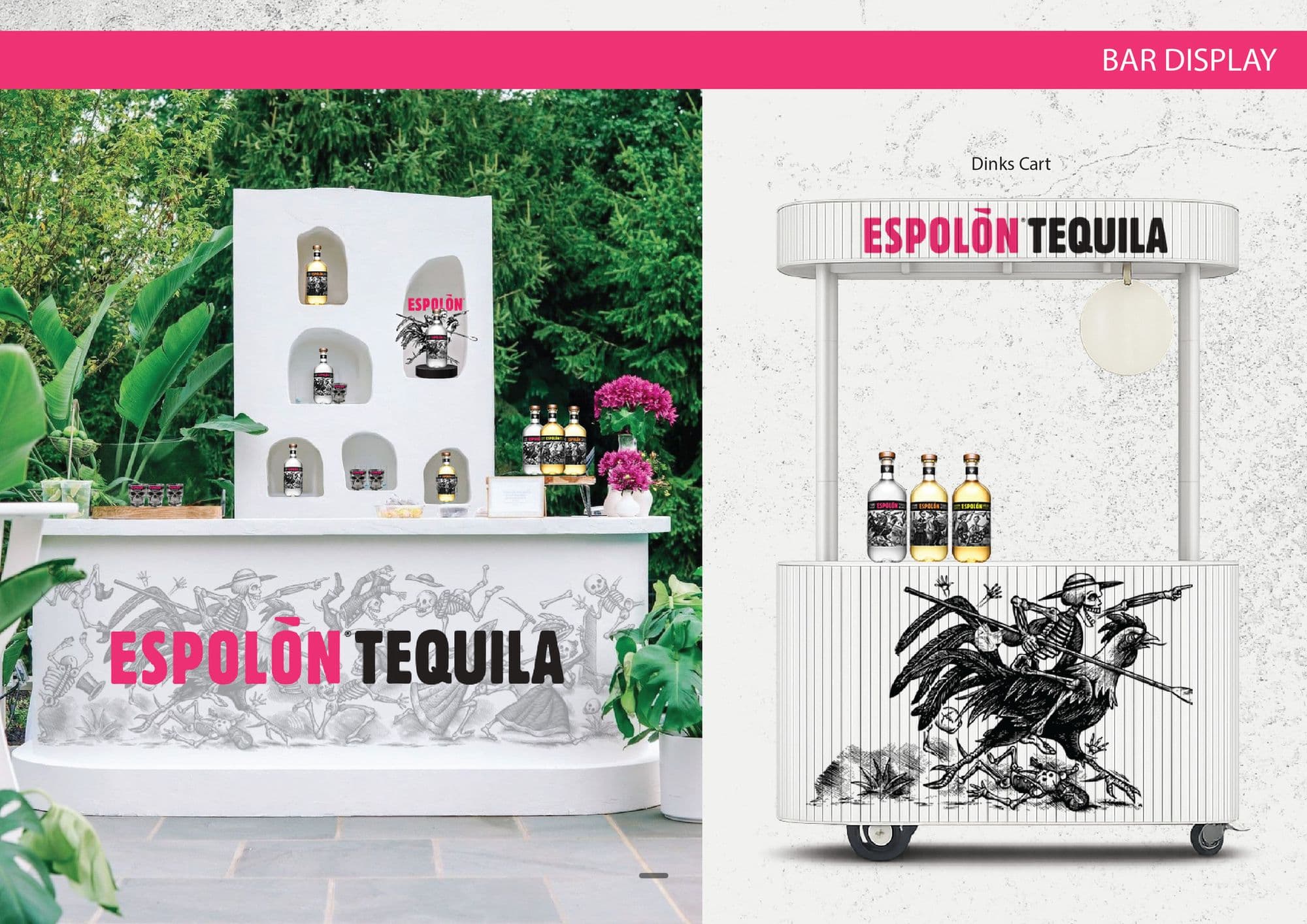 Bar display page: a white curved bar with the brand illustration along its front in a garden setting, and a rendered drinks cart carrying the same artwork