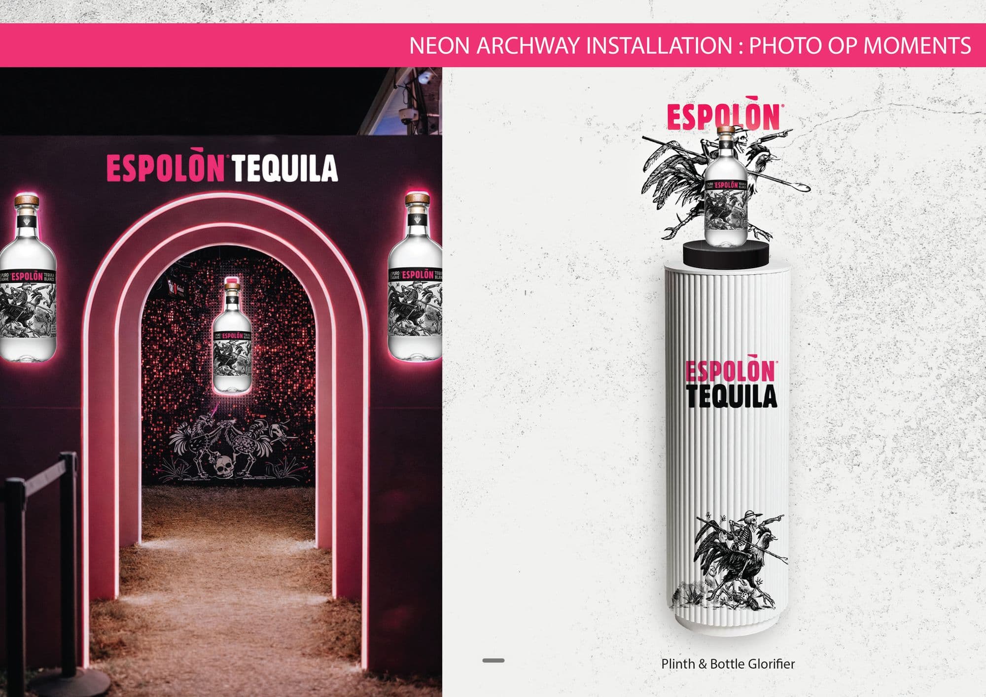 Neon archway page: a magenta neon arch lit against a dark sequin wall with bottles mounted either side, and a fluted plinth with a bottle glorifier on top