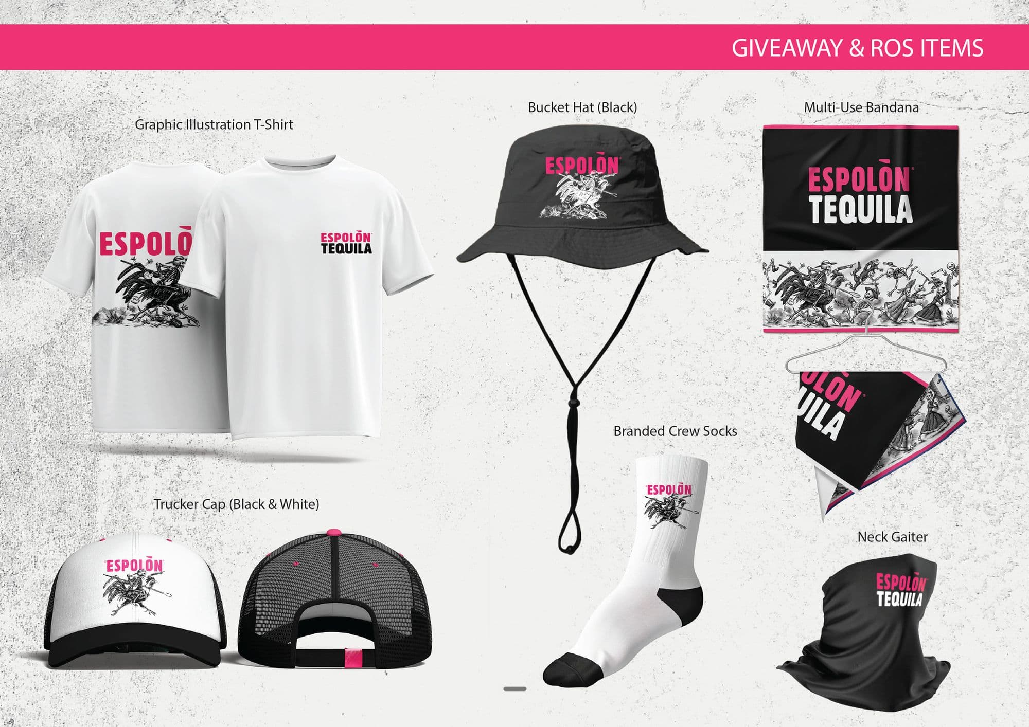 Giveaway and run-of-store apparel page: branded t-shirt front and back, black bucket hat, trucker cap, crew socks, bandana and neck gaiter