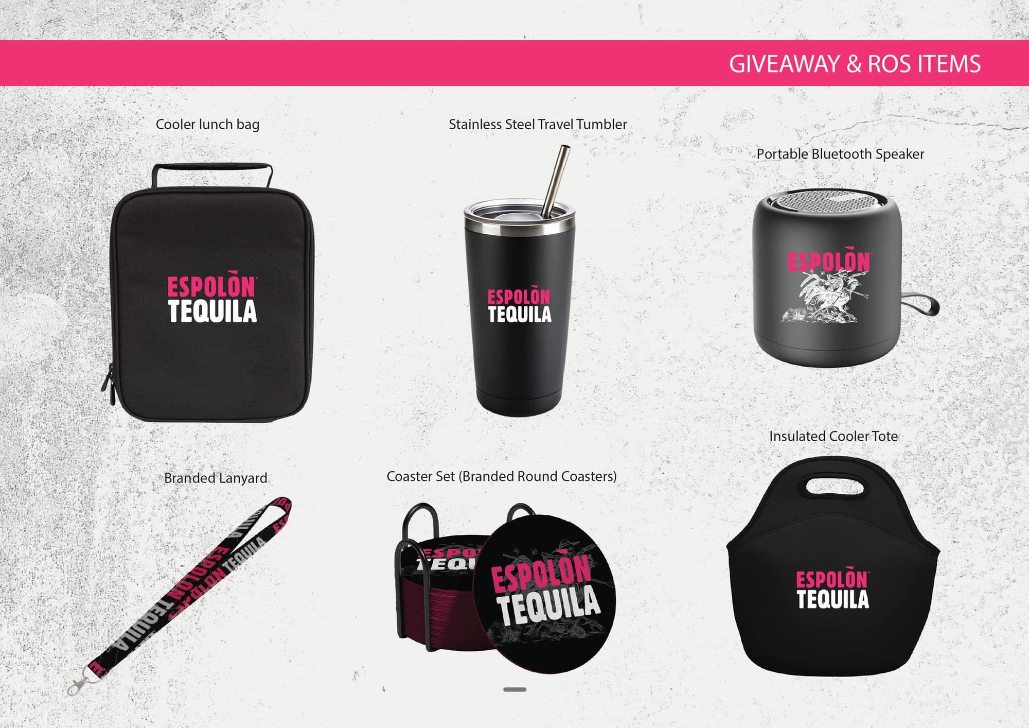 Giveaway and run-of-store page: branded cooler lunch bag, stainless steel travel tumbler, portable bluetooth speaker, lanyard, coaster set and insulated cooler tote