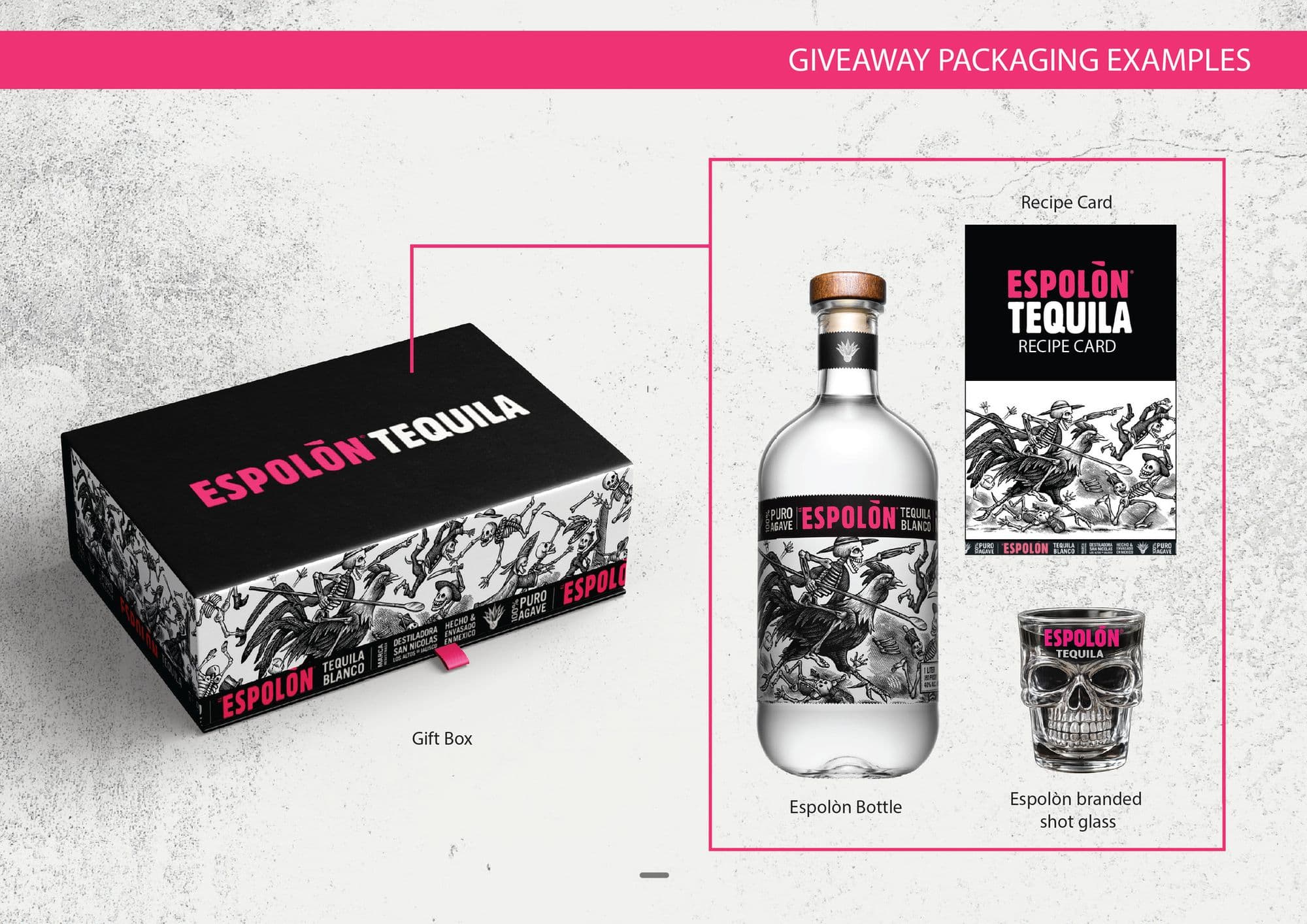 Giveaway packaging page: a branded gift box shown open on the contents it holds — the bottle, a recipe card and a skull-moulded shot glass