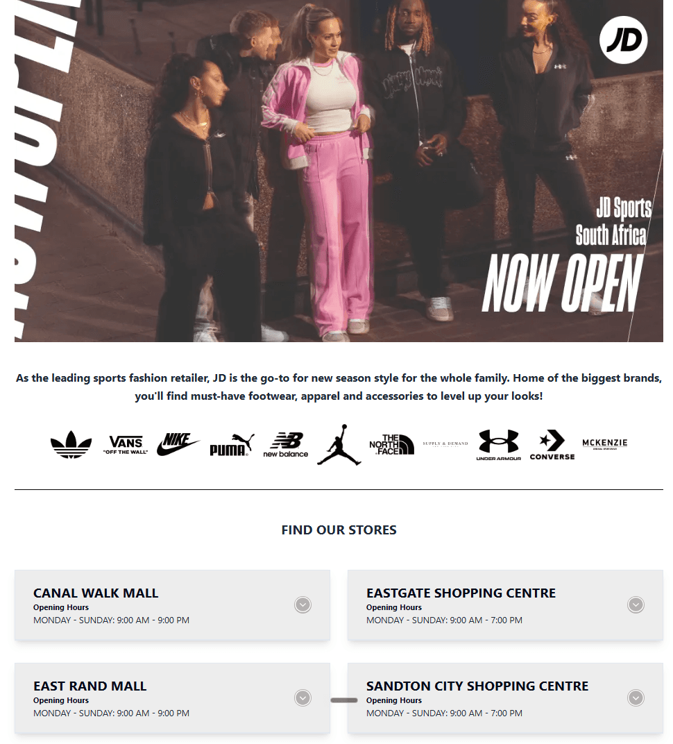 The JD Sports South Africa store locator page
